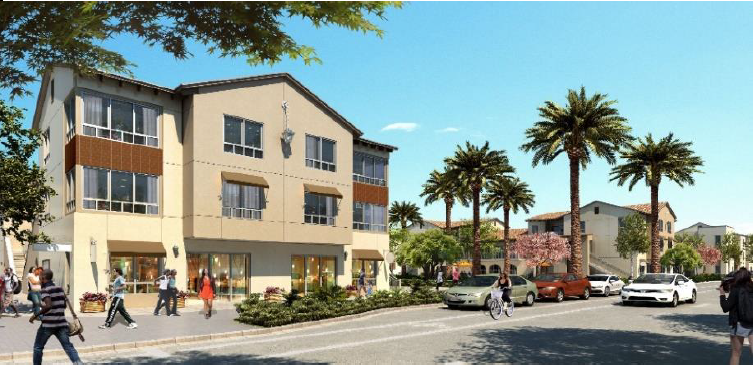 A rendering of what Jordan Downs 1A apartments looks like, Street view of 3 story building with people walking on the sidewalk and cars parked on the street,