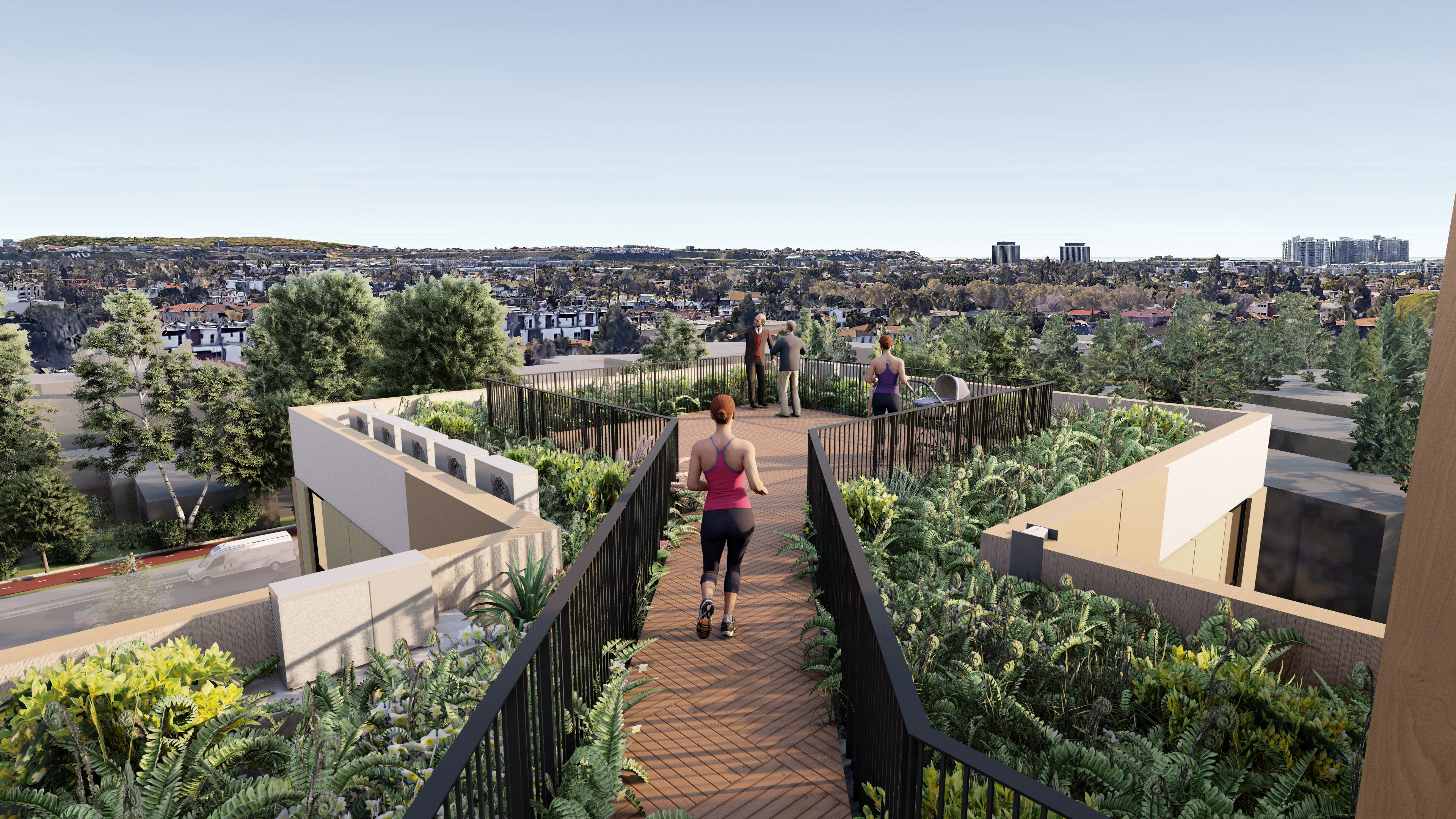 Rendering of property with background view. Rendering is from the rooftop patio perspective.