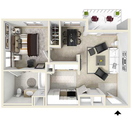 Floor plan view of an apartment. From top left to lower right: bedroom, dining room, living room, kitchen, and bathroom. Unit also has a balcony that is accessed through the living room.