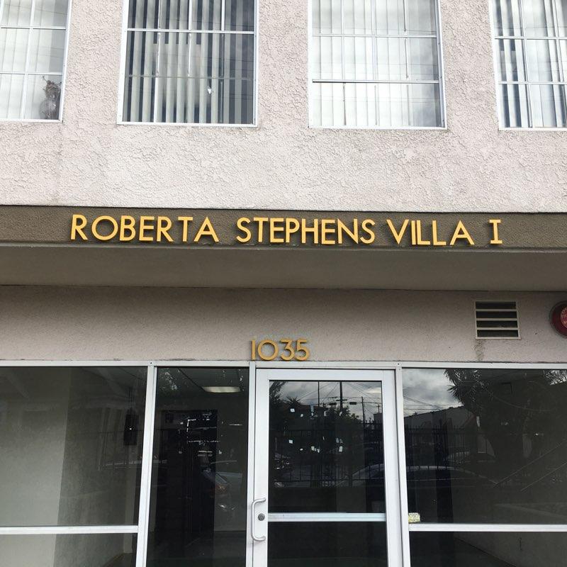 Close up of sign on main entrance of Roberta Stephens Villa 1.