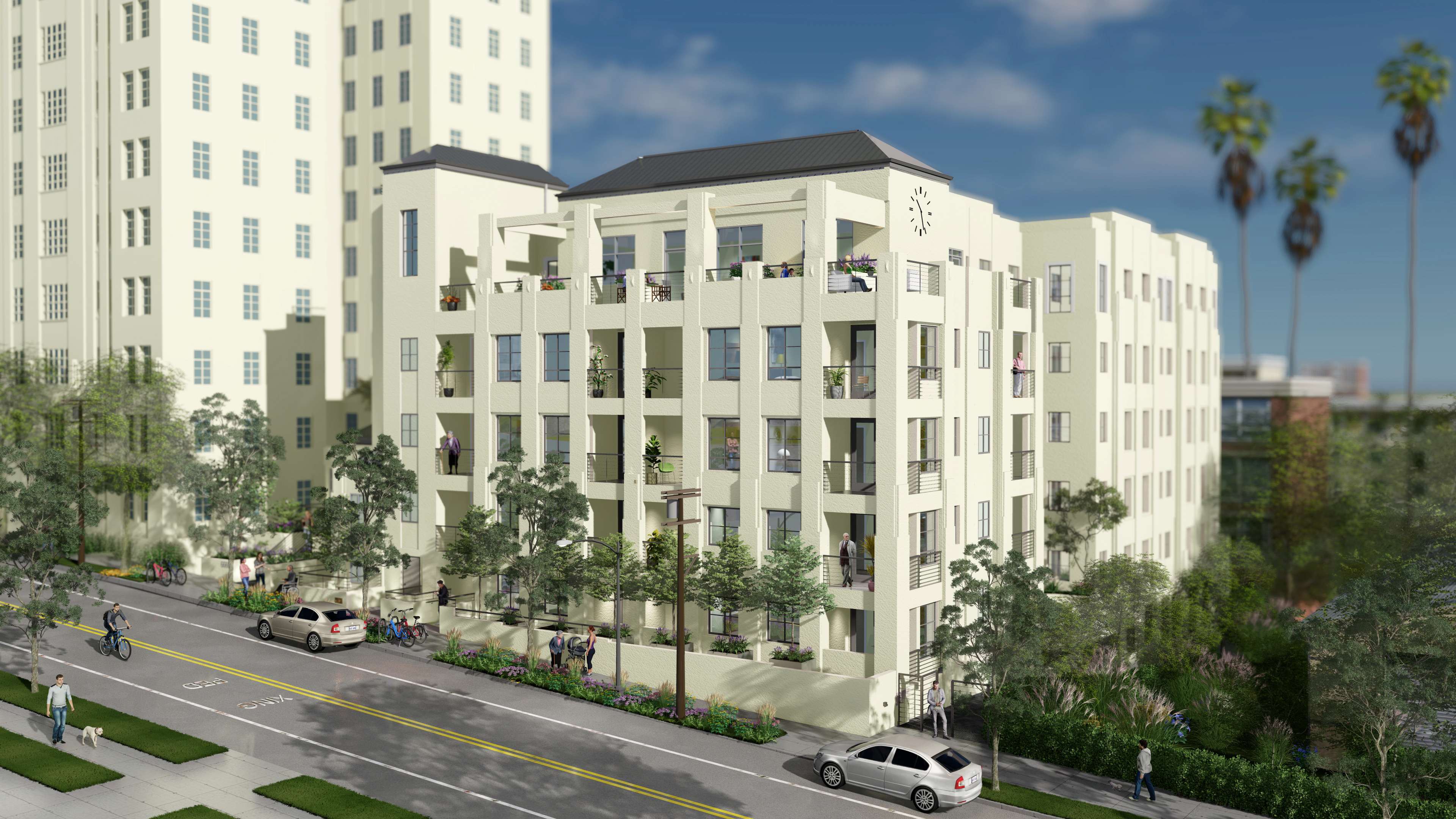 Montecito II Rendering, a 5 story, white apartment building with balconies, surrounded by greenery.