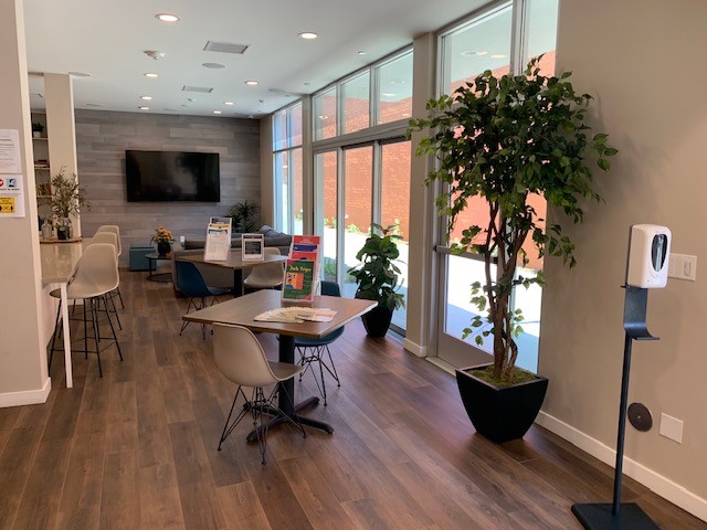 Community space on first floor with multiple seating areas, television, and indoor plants.