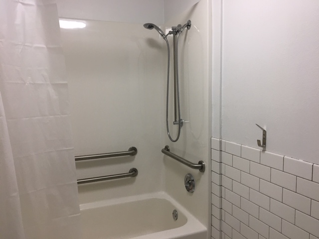 View of a bathroom, white tub, shower head, grab bars.