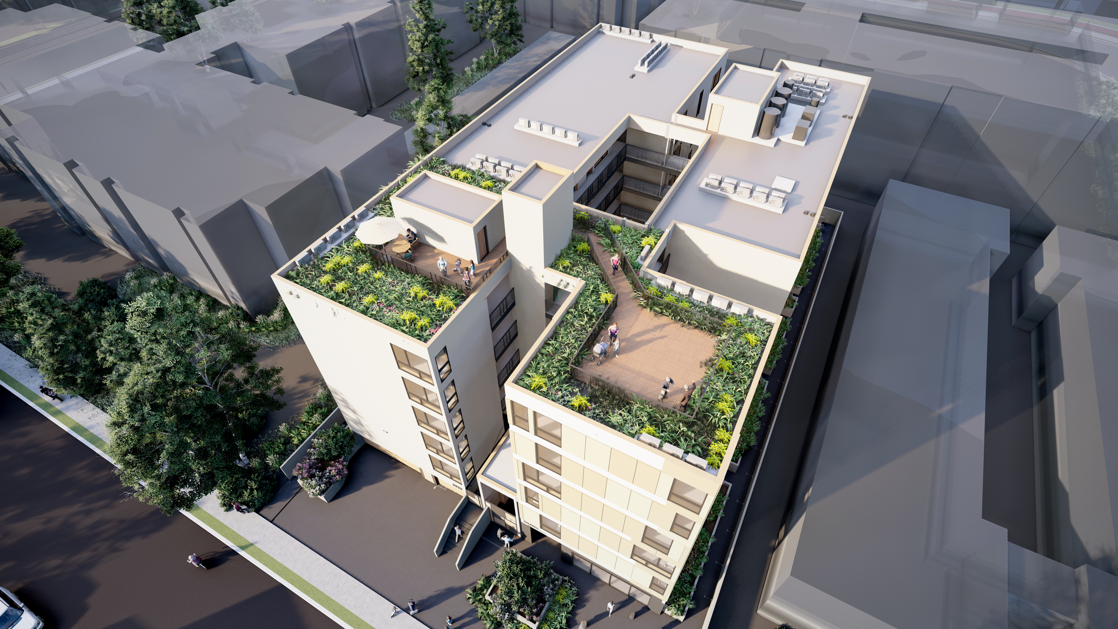 Rendering of property from aerial, perspective view. Rendering shows two rooftop patio areas.