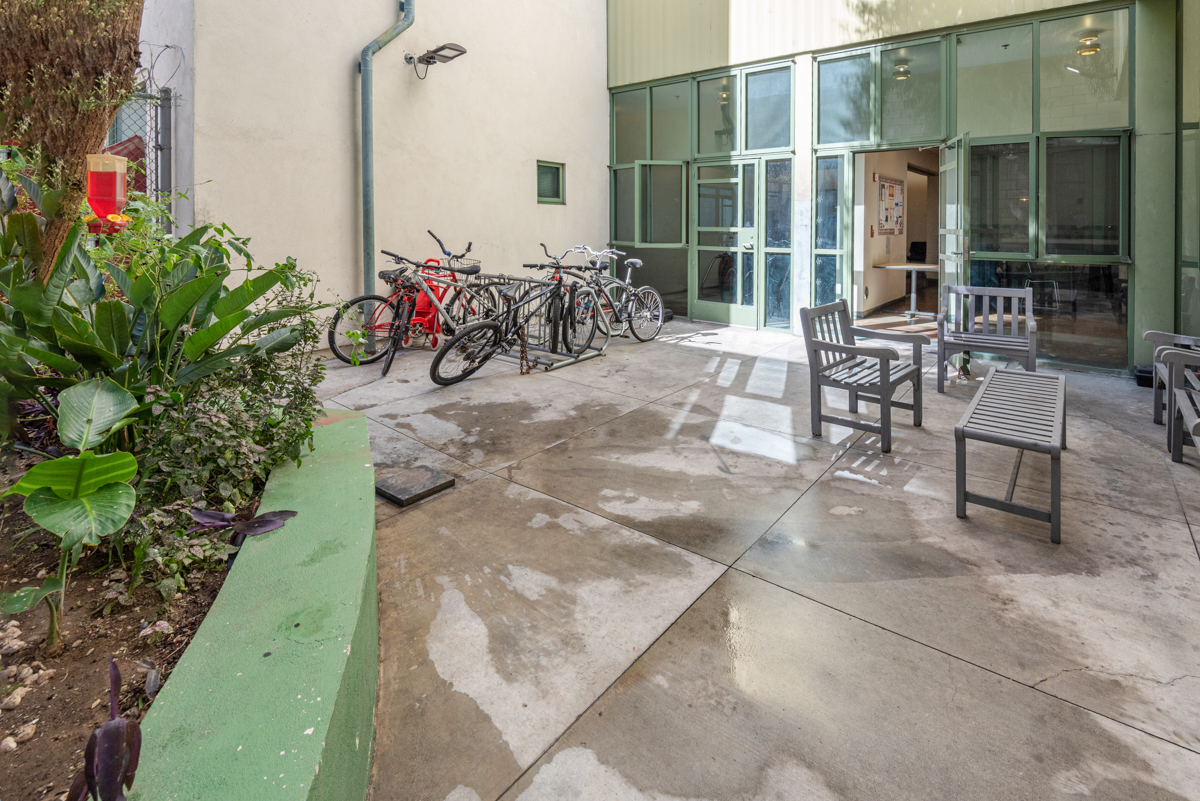 View of the building courtyard with a bicyle rack