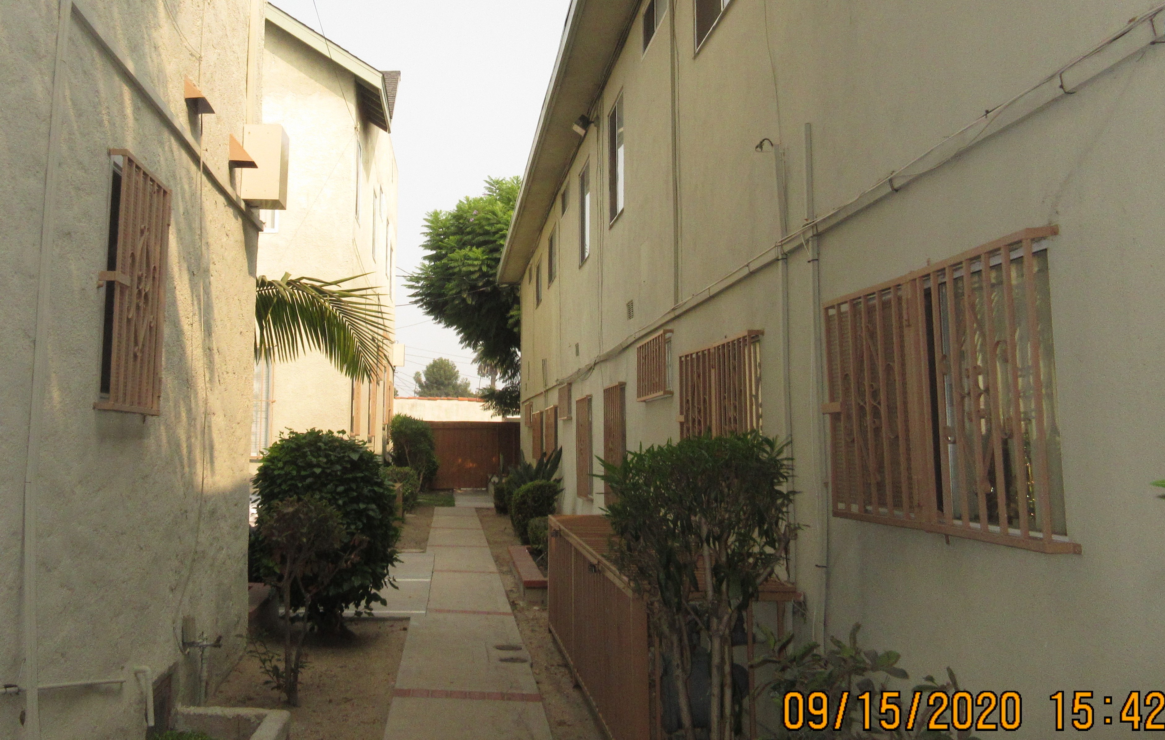 Side view of a patio, windows with security bars, bushes and small trees.