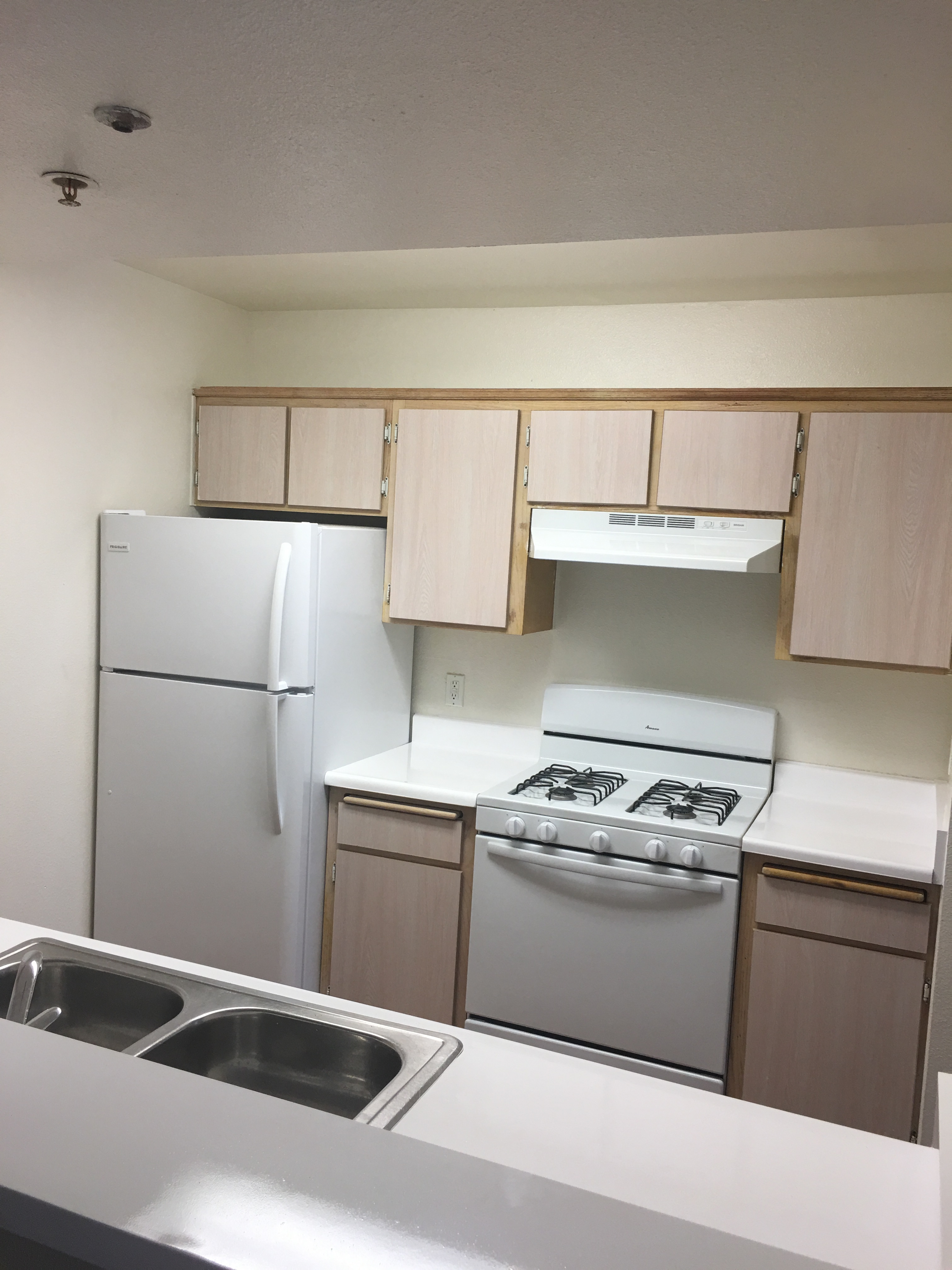 Appliances in the kitchen - white refrigerator/freezer, white gas oven/stove with ventilator, sand-colored cabinets