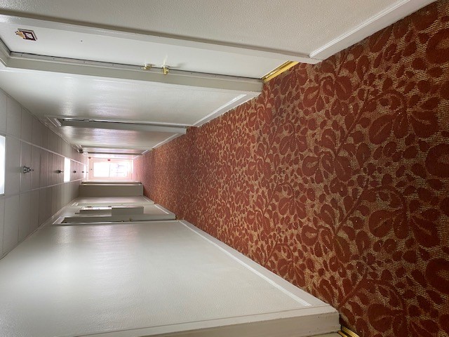 Diffrent view of a hallway that leads to multiple units. Floor is carpeted and there's a window straight ahead.