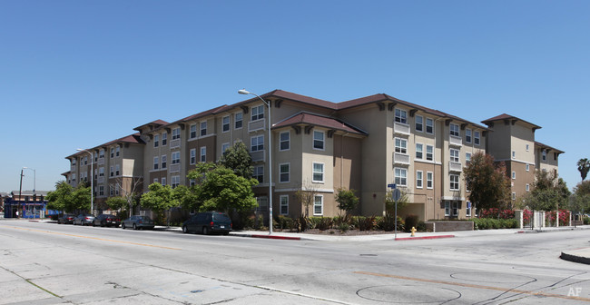 Corner view of a yellow four story building, trees and bushes, parked cars.