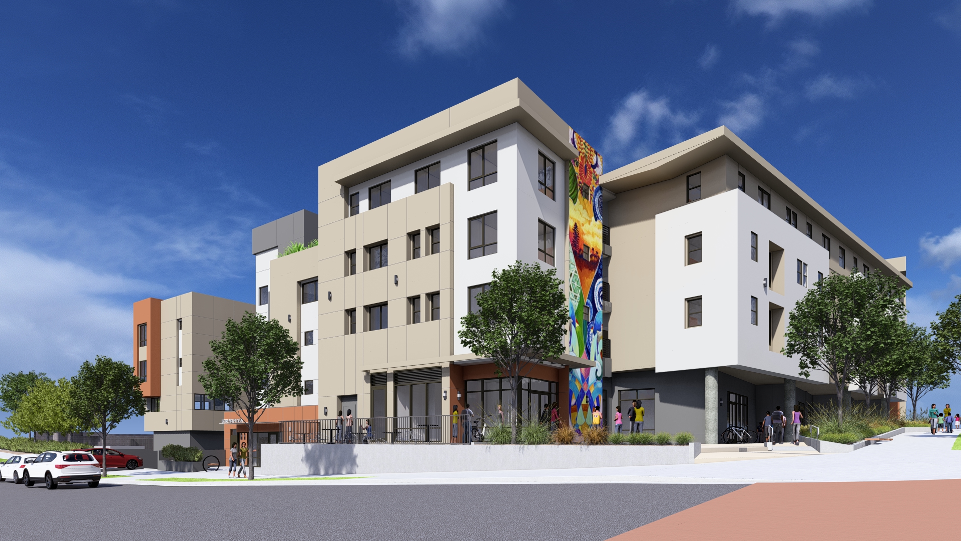 Lorena Plaza Rendering 1. Rendering of four story building on a tree lined sidewalk. There is a colorful mural on the side of the building.